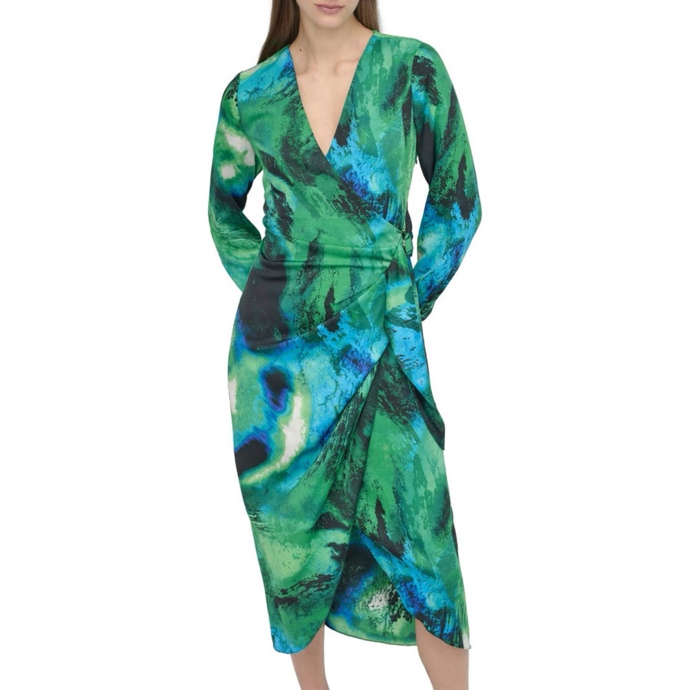 DKNY  LONG SLEEVE FAUX  WRAP MIDI COCKTAIL DRESS